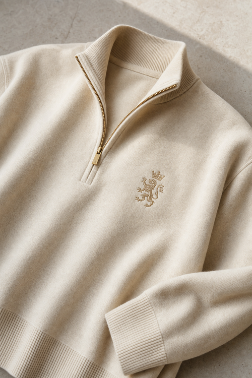 GREVANI Ashford Quarter-Zip in Antique Cream with fine-line lion and crown crest