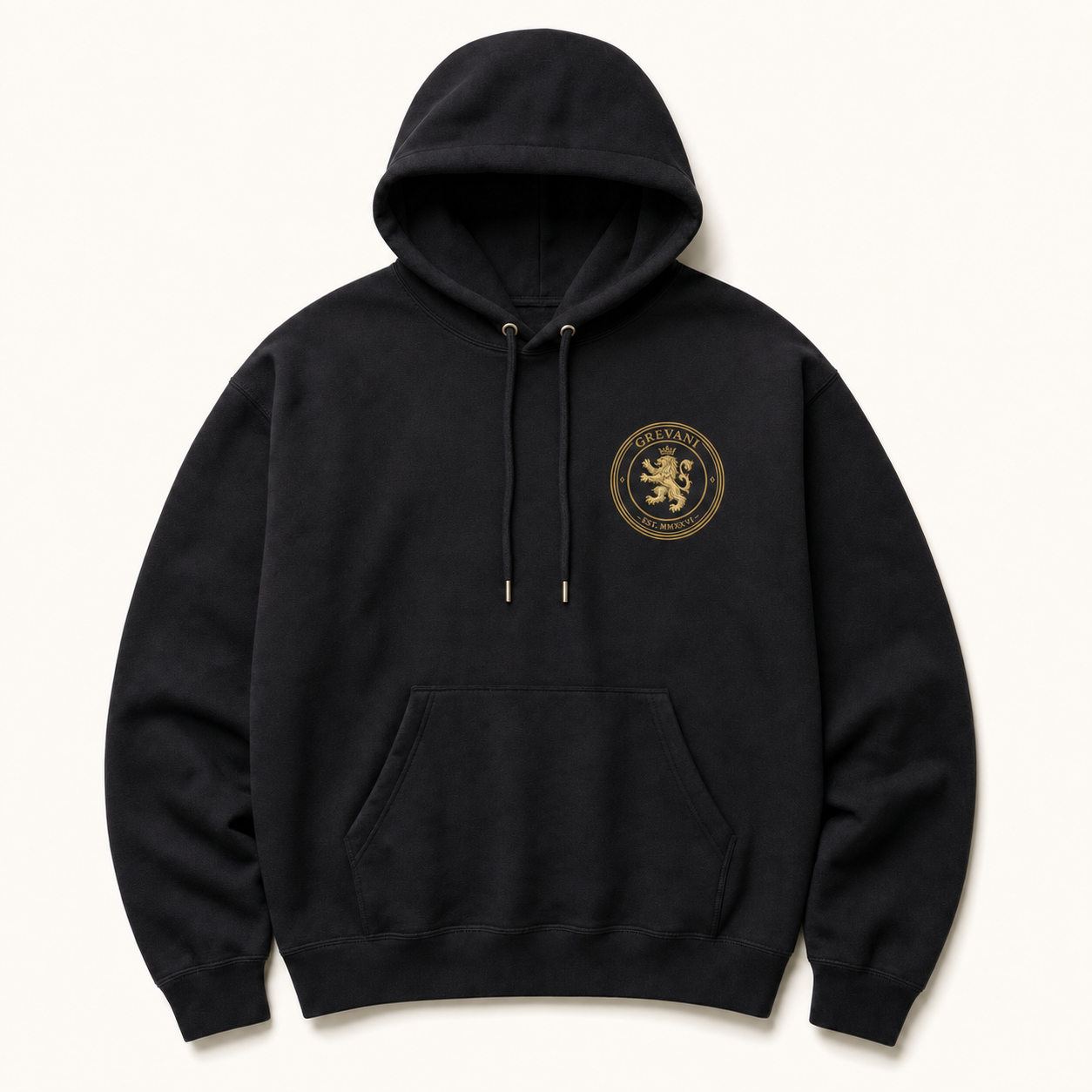 GREVANI Heavyweight Core Hoodie in black with refined antique gold crest