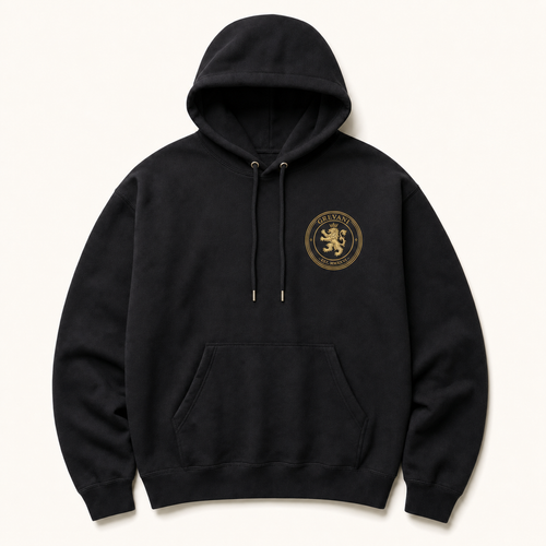 GREVANI Heavyweight Core Hoodie in black with refined antique gold crest