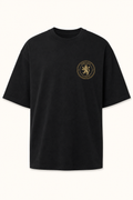 GREVANI Premium Heavyweight Tee in black with antique gold crest embroidery