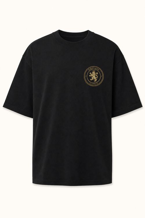 GREVANI Premium Heavyweight Tee in black with antique gold crest embroidery