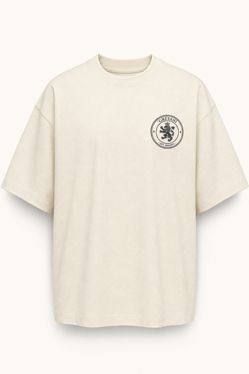 GREVANI Premium Heavyweight Tee in antique cream with black crest embroidery