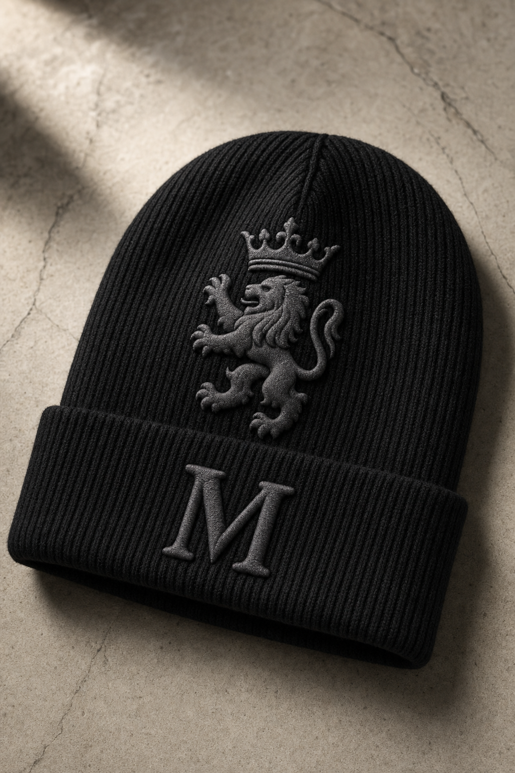 GREVANI Harlow Puff-Crest Beanie in Onyx Black with personalized initial