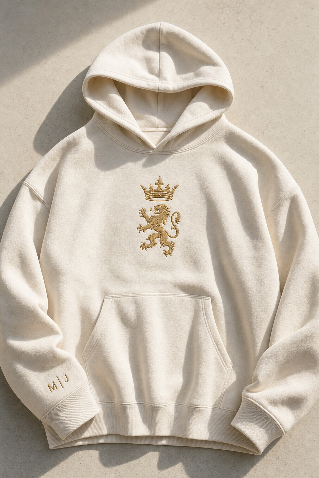 GREVANI Sterling Monogram Hoodie in Antique Cream with personalized cuff monogram